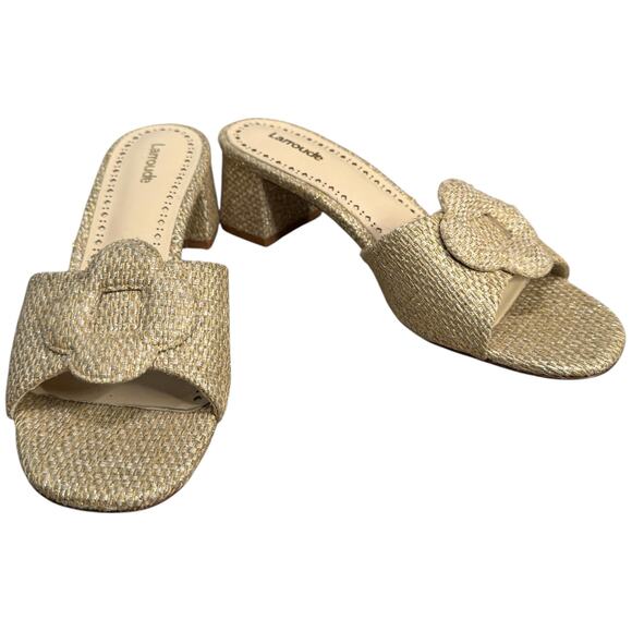 Larroude Women's 8.5 Flora Mule Sandals Beige Gold Woven Coastal Mediterranean